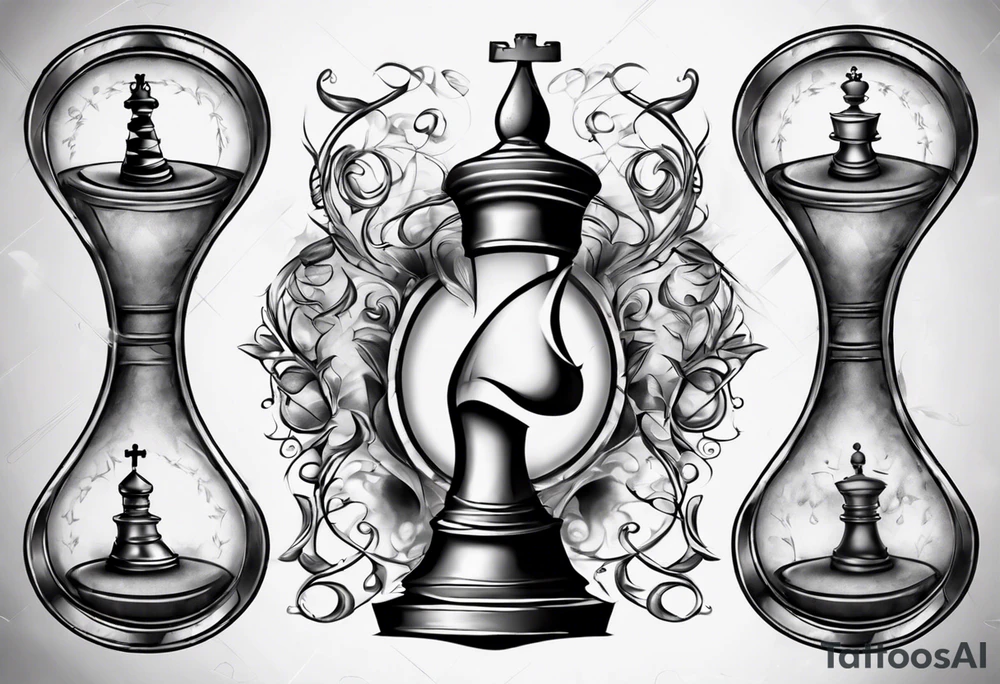 hourglass in the shape of a chess peace with filagree in the background tattoo idea