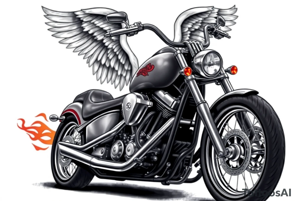 Low rider grey motorcycle, big muffler pipes with flames, angel wings, driving away, no person tattoo idea