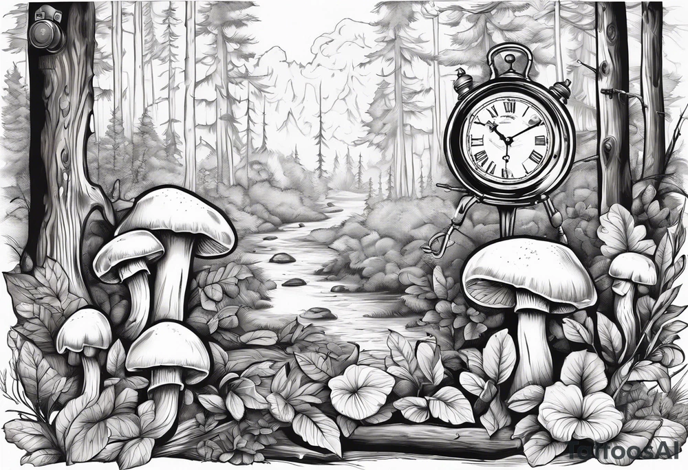 mounting landscape with little boletus in the forest.
Add in a middle an antique clock at 9:44pm
a cinema film
a deck of poker cards

Grandma's walking stick
An Italian coffee maker tattoo idea