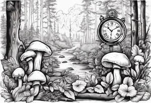 mounting landscape with little boletus in the forest.
Add in a middle an antique clock at 9:44pm
a cinema film
a deck of poker cards

Grandma's walking stick
An Italian coffee maker tattoo idea