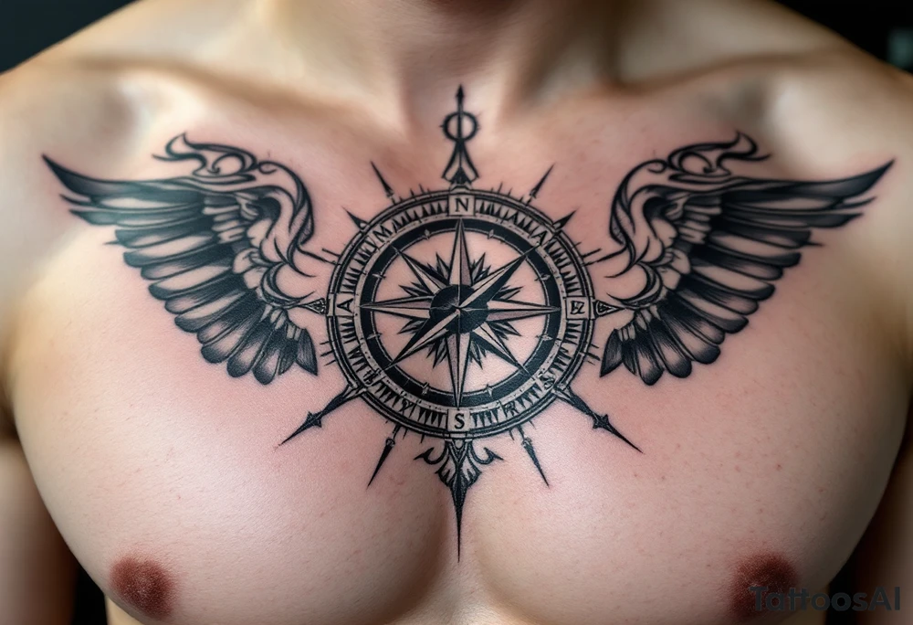 Chest tattoo with Roman stoic theme with sun dial compass tattoo idea