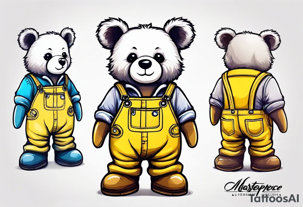 the back of a teddy bear standing in yellow overalls and boots tattoo idea