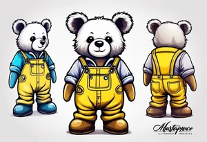 the back of a teddy bear standing in yellow overalls and boots tattoo idea