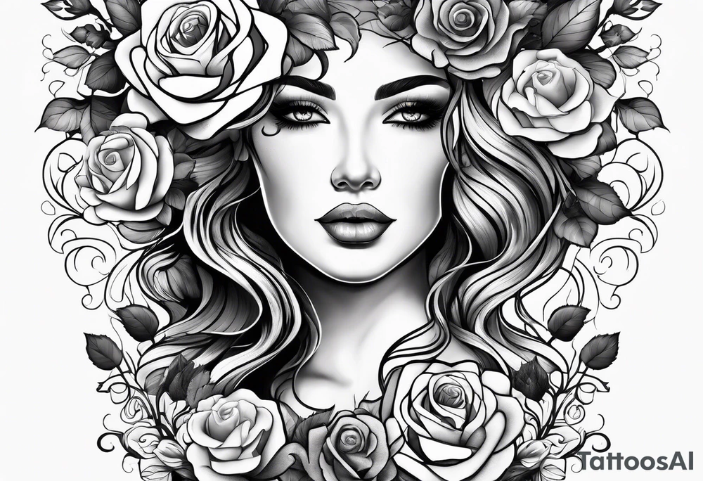 Mother Nature face with roses in her hair and around her black and white tattoo idea