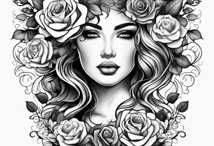 Mother Nature face with roses in her hair and around her black and white tattoo idea