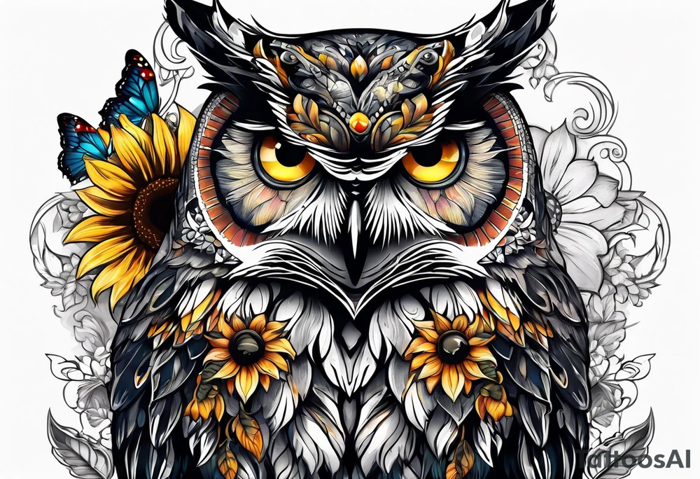 Owl with sunflower and butterfly tattoo idea