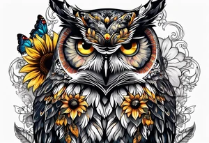 Owl with sunflower and butterfly tattoo idea