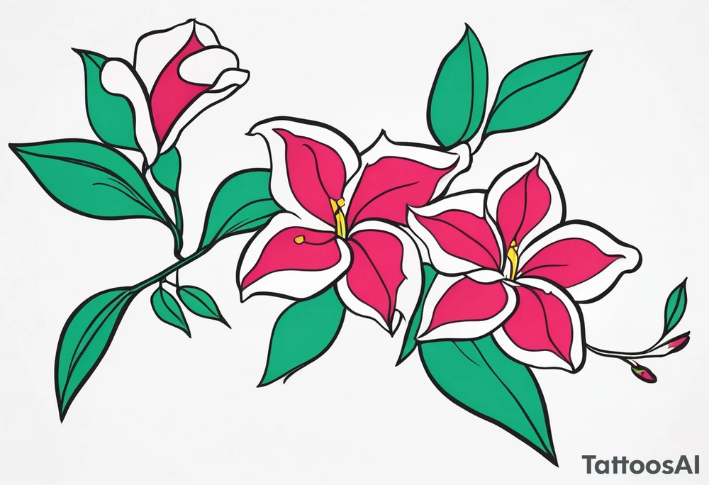 abstract mandevilla flowers on a vine, with color leaking out into the background. SOme of the flowers should be full color, and some just linework. It should have a handdrawn, sketch feel. tattoo idea