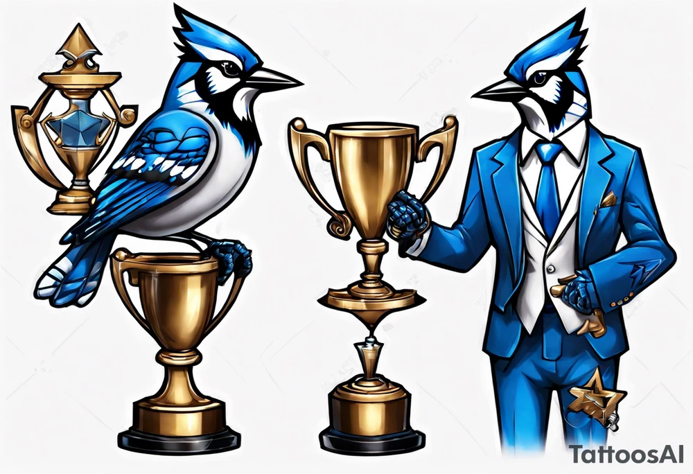 bluejay in a suit holding a trophy tattoo idea