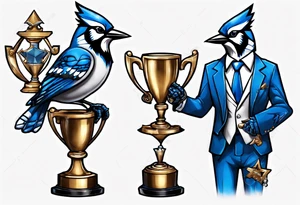 bluejay in a suit holding a trophy tattoo idea