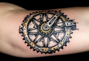 A detailed bicycle gear mechanism, with shades of silver and gold, creating an industrial yet artistic feel. tattoo idea