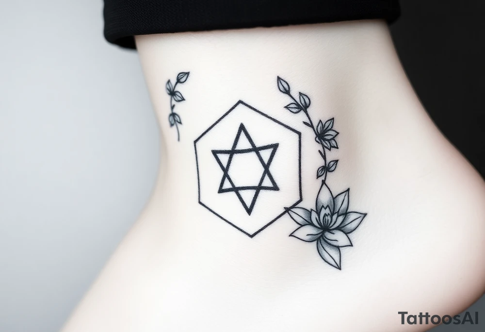 Hexagon Leo symbol larkspurs and water lilies tattoo idea