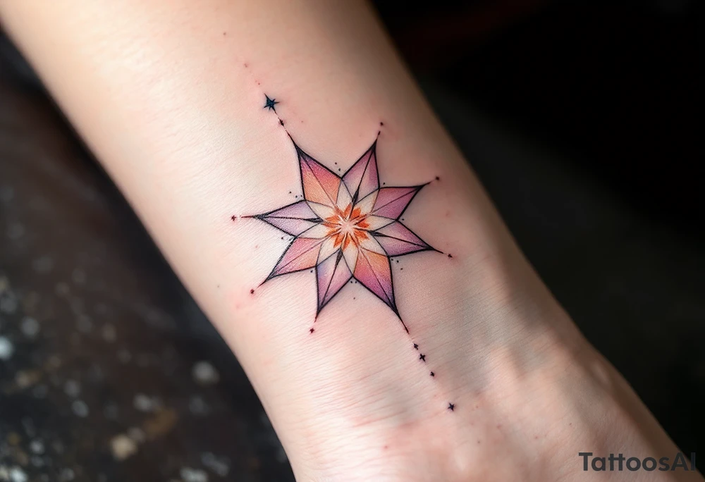 A pastel pink eight-pointed star tattoo reflects softness, hope, and inner light. tattoo idea