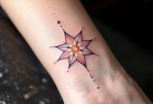 A pastel pink eight-pointed star tattoo reflects softness, hope, and inner light. tattoo idea