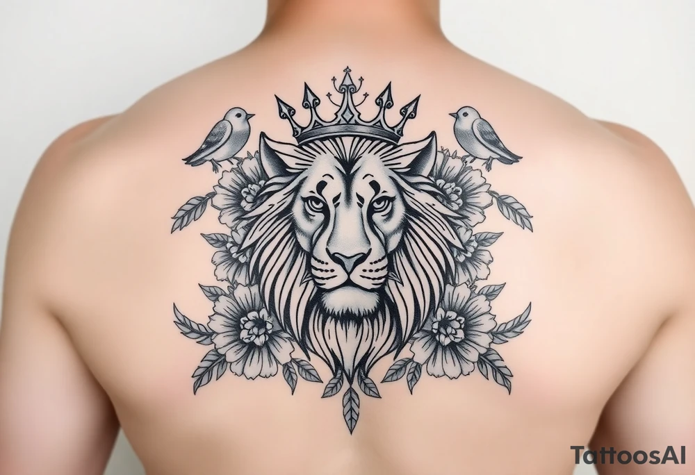 powerful majestic lion with a crown, surrounded by floral ornaments and birds tattoo idea
