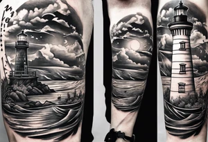 Leg Sleeve with a bridge , lighthouse , binoculars , puzzle pieces , and quote tattoo idea