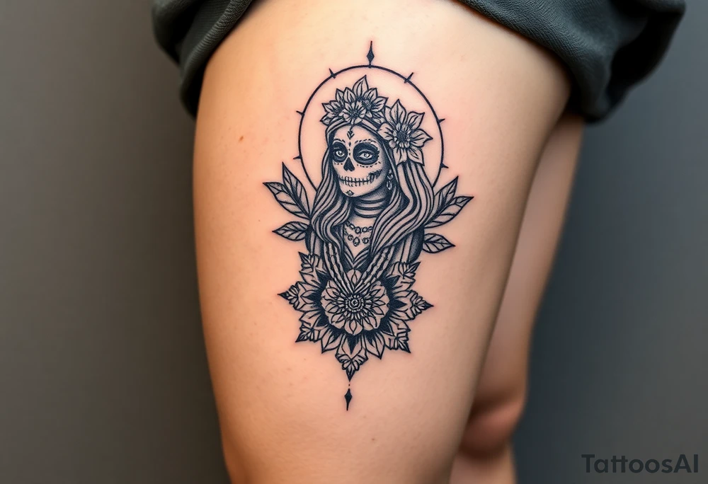 La Catrina in Chicano style on the thigh connected with a mandala on the knee tattoo idea