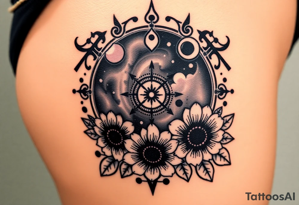 Milky way galaxy with planets with zodiac symbols and protection runes in it with tigerlillies roses and sunflowers tattoo idea