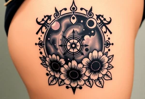 Milky way galaxy with planets with zodiac symbols and protection runes in it with tigerlillies roses and sunflowers tattoo idea