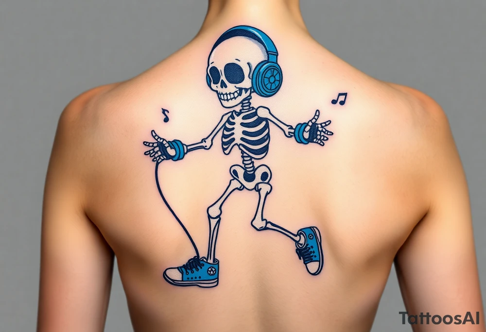 Cute smiling skeleton jumping on a jump rope with blue headphone and blue tennis shoes and blue armbands with nice  music notes on the headphones tattoo idea
