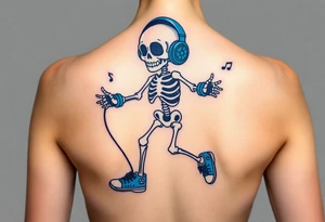 Cute smiling skeleton jumping on a jump rope with blue headphone and blue tennis shoes and blue armbands with nice  music notes on the headphones tattoo idea