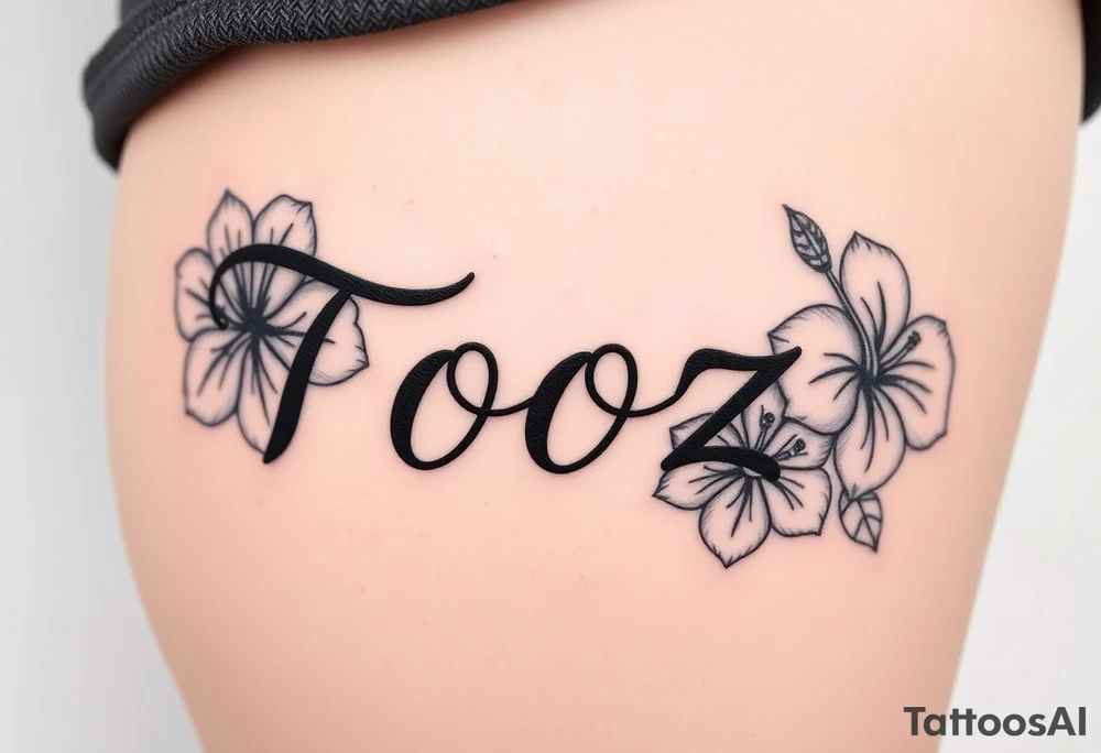Tooz in cursive surrounded by large hibiscus flowers tattoo idea