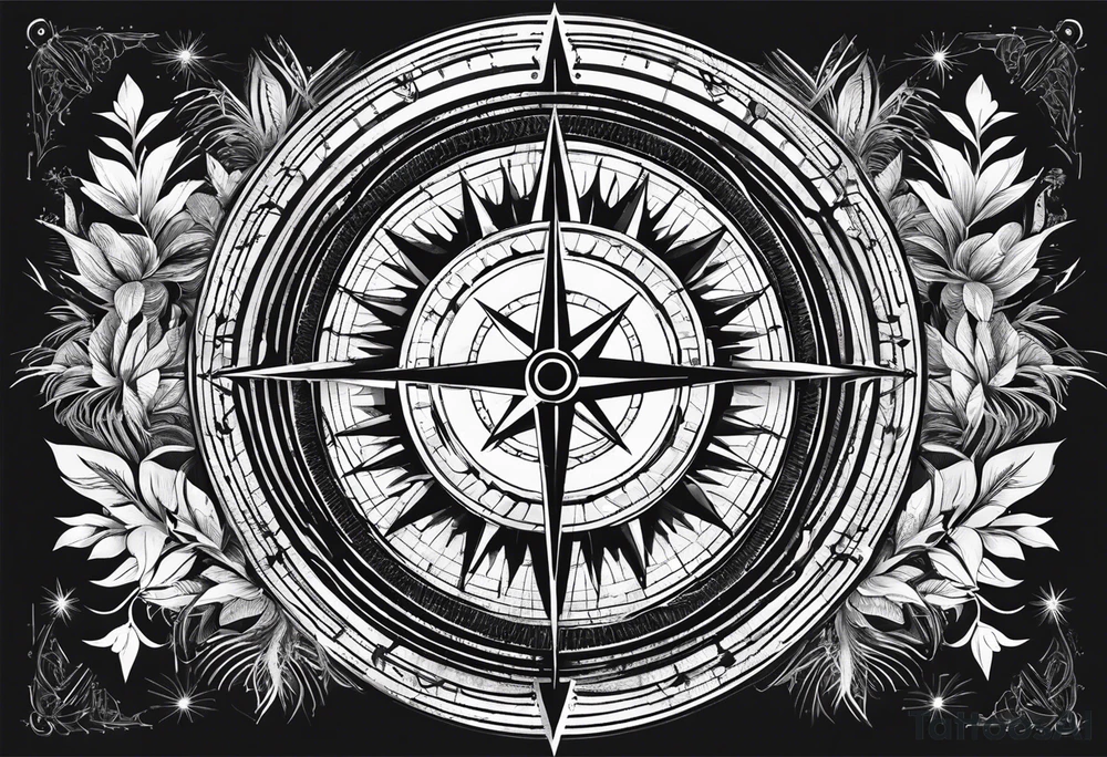 The topic should be travellig the world. The centre should be a minimal compass, maybe combined with the world. The background should be designed with thin lines. It is located at the upper back of a man tattoo idea