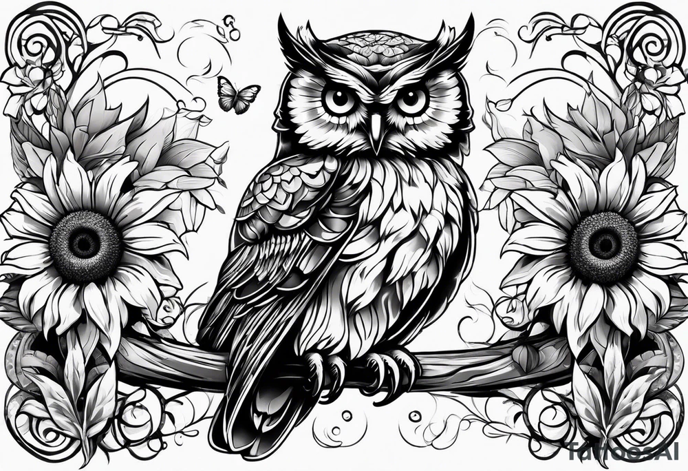 Arm sleeve with an owl and butterfly surrounded by sunflowers tattoo idea