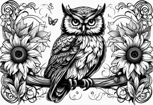 Arm sleeve with an owl and butterfly surrounded by sunflowers tattoo idea