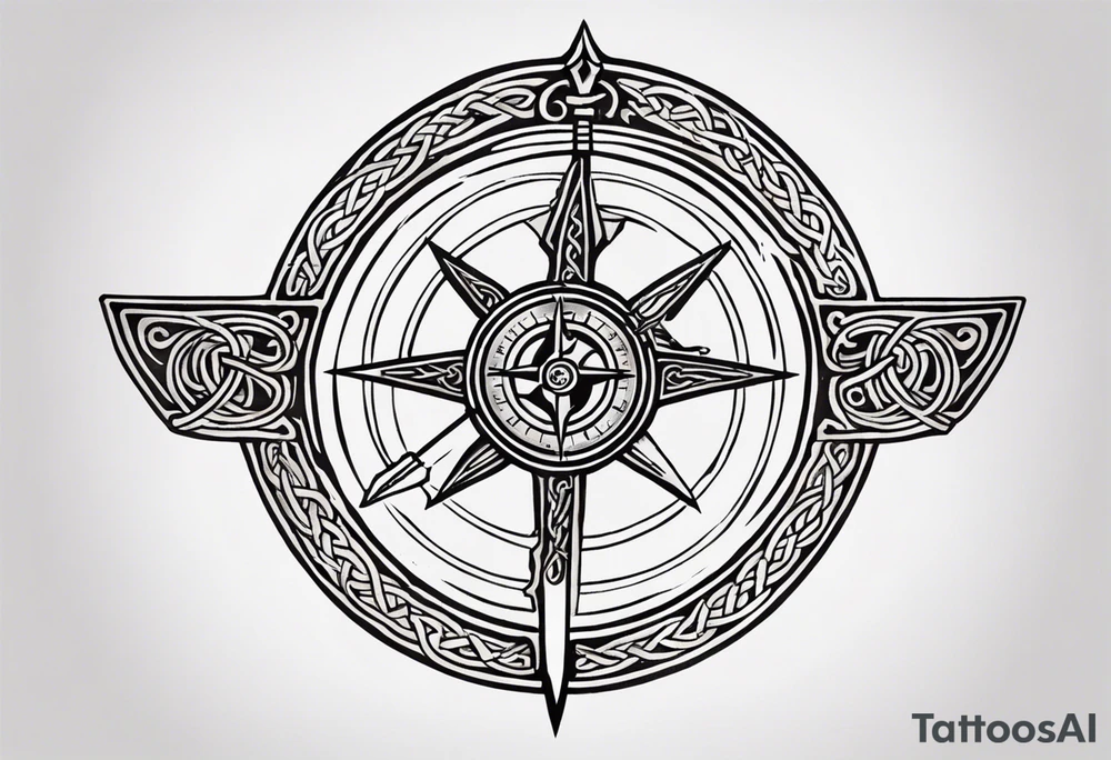 Two Celtic swords going through a compass with a labyrinth throughout tattoo idea