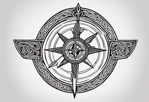 Two Celtic swords going through a compass with a labyrinth throughout tattoo idea