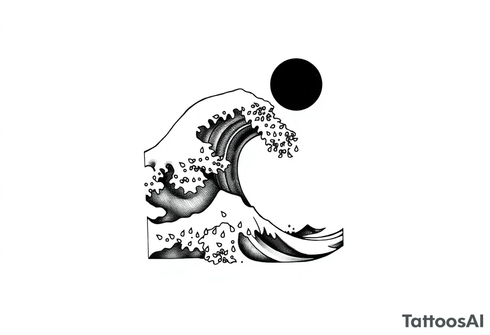 Black and white tattoo design in a vertical rectangular frame, sized to fit the upper arm. Inside the border, feature a dramatic Hokusai-style wave as the central focus, with intricate detailing and texture. Include expressive water droplets around the crest and spray of the wave, similar to traditional Japanese woodblock prints. In the top right or left corner, place a solid black or partially shaded sun for contrast. Use black ink thoughtfully—avoid overly large solid black areas; instead, emphasize fine linework and layered shading to give the piece depth without overwhelming the composition. The overall aesthetic should be bold yet elegant, with a clean, framed silhouette suitable for a modern tattoo. tattoo idea
