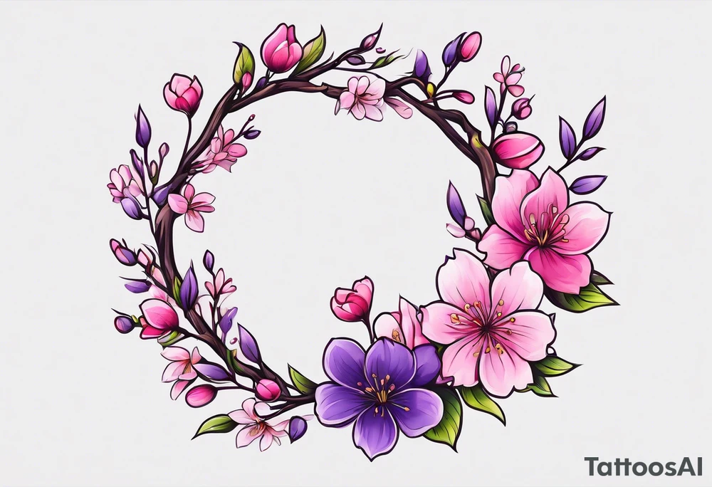 Flower wreath cherry blossoms pinks and purples tattoo idea