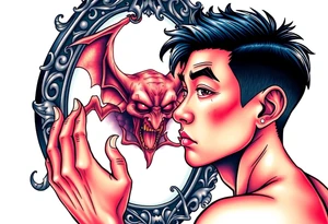 Handsome Asian young guy is looking in cursed mirror and see devil tattoo idea