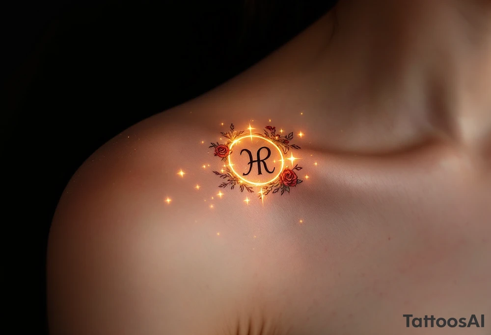 A mystical rune glowing softly with golden light, surrounded by a faint magical aura. The symbol itself is engraved with sharp, symmetrical lines, and small roses wrap around the edges. The tattoo evokes timeless love, with deep red accents and delicate glowing stars scattered around it. tattoo idea