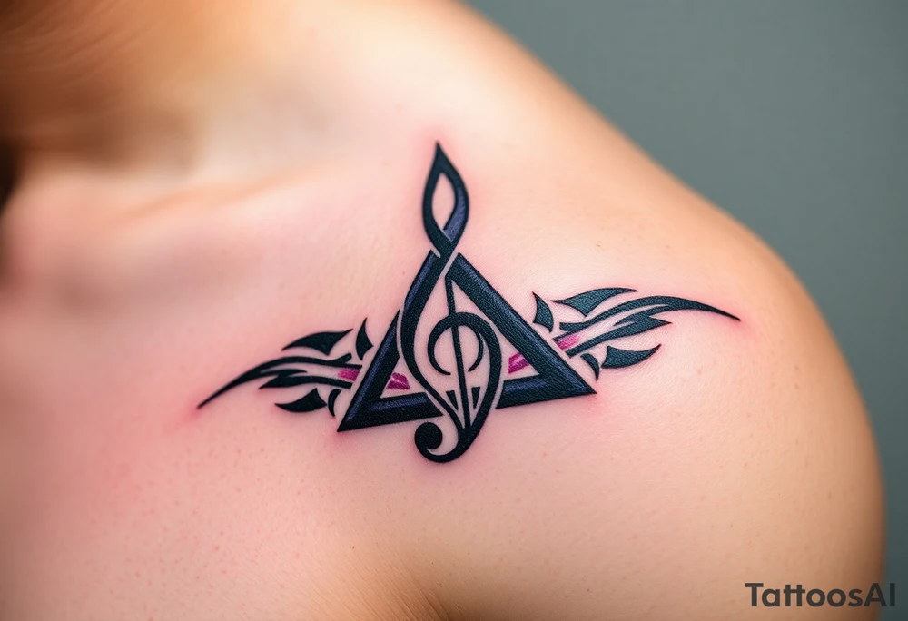 A treble clef composed of interlocking triangles, with deep blues, purples, and silver lines, symbolizing the complexity of music. tattoo idea