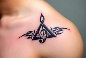 A treble clef composed of interlocking triangles, with deep blues, purples, and silver lines, symbolizing the complexity of music. tattoo idea