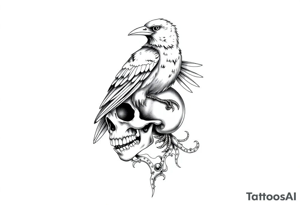 crow perched on skull tattoo idea