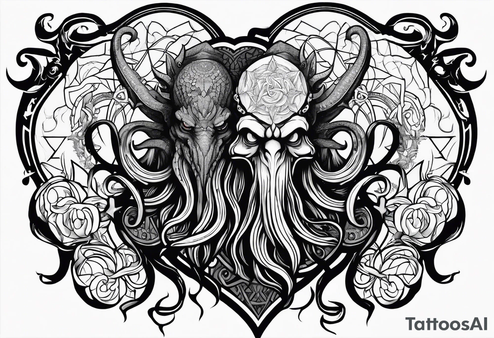 Long tattoo for arm. Cthulhu protecting a heart. Lovecraftian. tattoo idea
