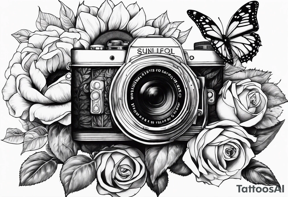 sunflower, camera, flower rose , book, butterfly tattoo idea sunflower, camera, flower rose , book, butterfly tattoo idea