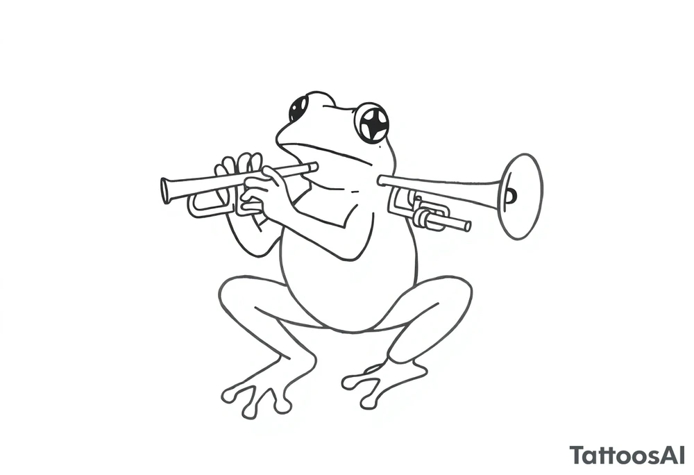 Draw a single continuous line drawing of a frog playing a trumpet, where the entire image is created using only one unbroken black line, with no lifting of the pen and no separate lines. The line must flow smoothly and clearly form the frog and trumpet , minimalist style. The frog should be , in a jazzy or playful pose, holding and playing the trumpet. No shading, no extra strokes, no background — just one elegant, fluid, uninterrupted line on a white canvas. tattoo idea