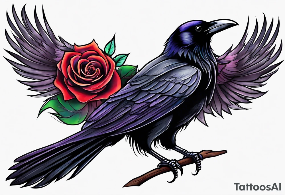 Raven looking back over shoulder with a rose underneath it tattoo idea
