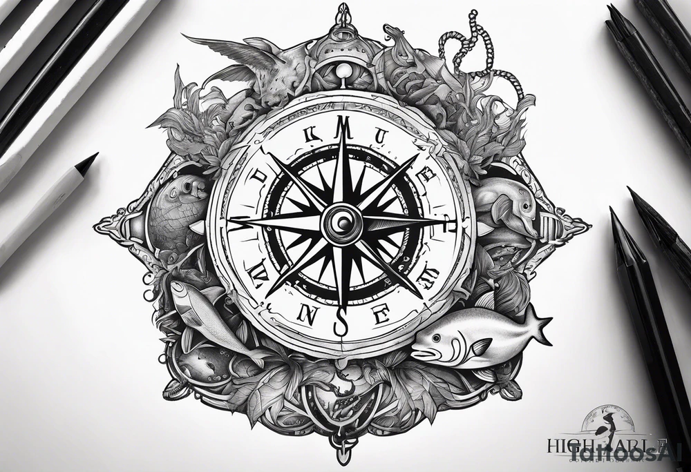 Pirate themed compass surrounded by marine animals tattoo idea