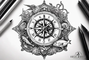 Pirate themed compass surrounded by marine animals tattoo idea