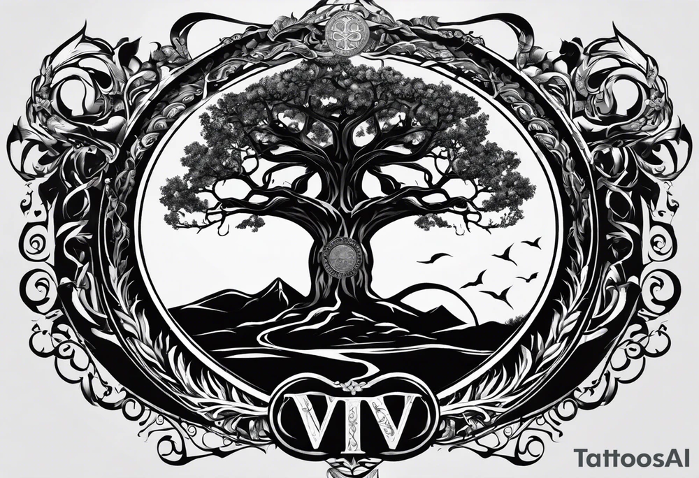 Yggdrasil with no leaves. A roman inscription "MEMENTO VIVERE" on the top. A metal bracelet with the date XXXI-VII-MMXV tattoo idea