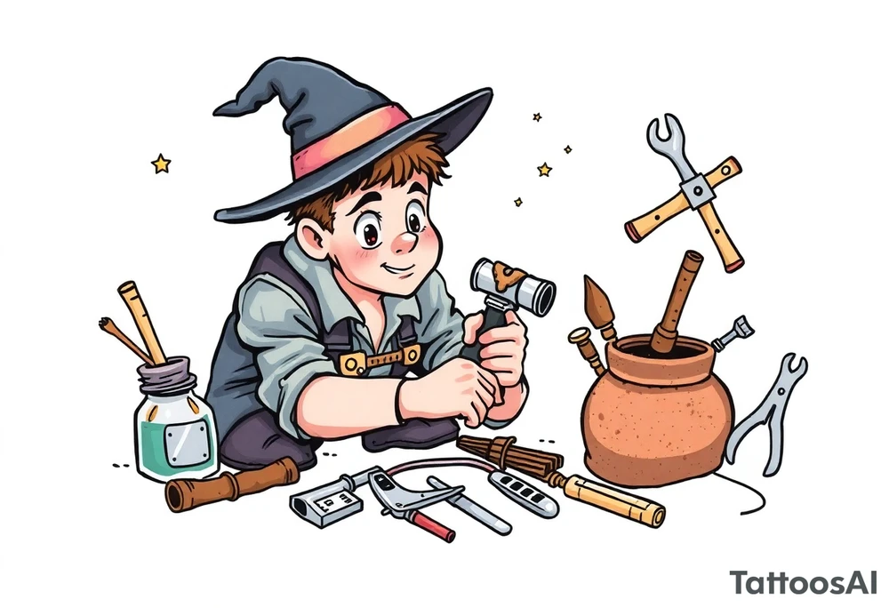 Young guy is exploring witch supplies, tools, equipment tattoo idea