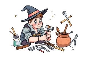 Young guy is exploring witch supplies, tools, equipment tattoo idea