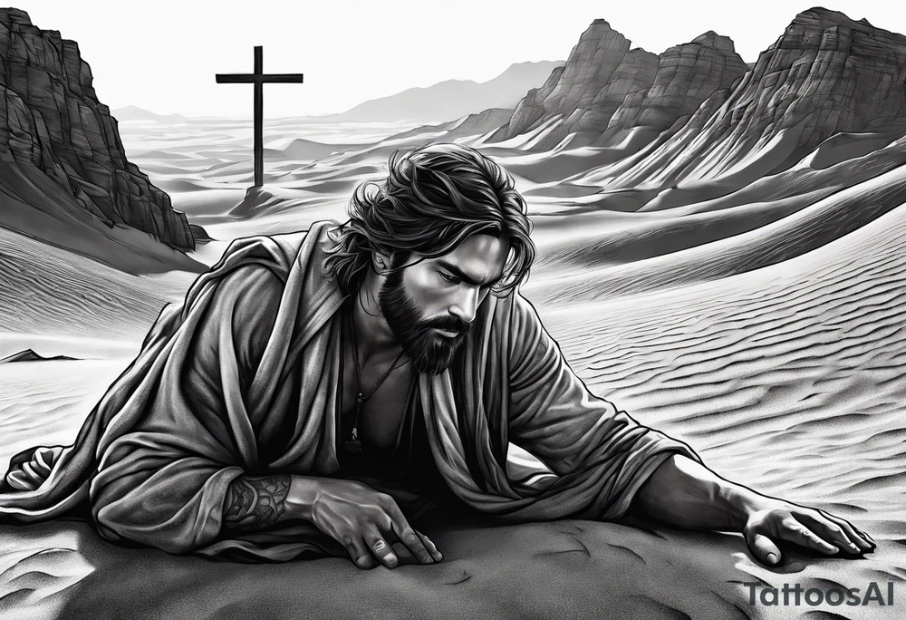 man crawling in a desert reaching to the cross of Christ tattoo idea