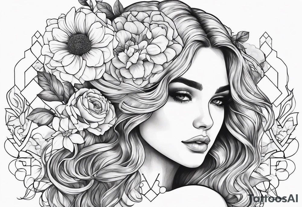 Flowers, Leo, girl with scrabble brain outline tattoo idea