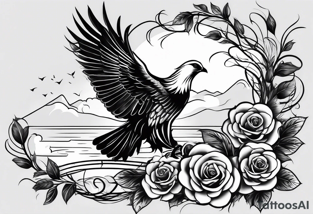 A tattoo that states pain and discipline to achieve your goals in life. it should be placed on the upper back and should express also catholic religion, with pigeon, eagle, roses and a lake. tattoo idea